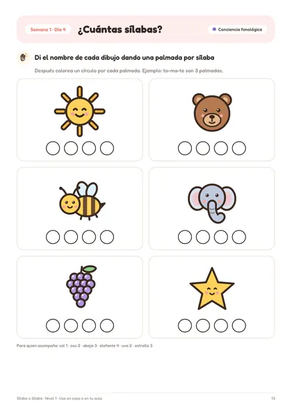 Página 13 del cuaderno: Palmadas por sílaba